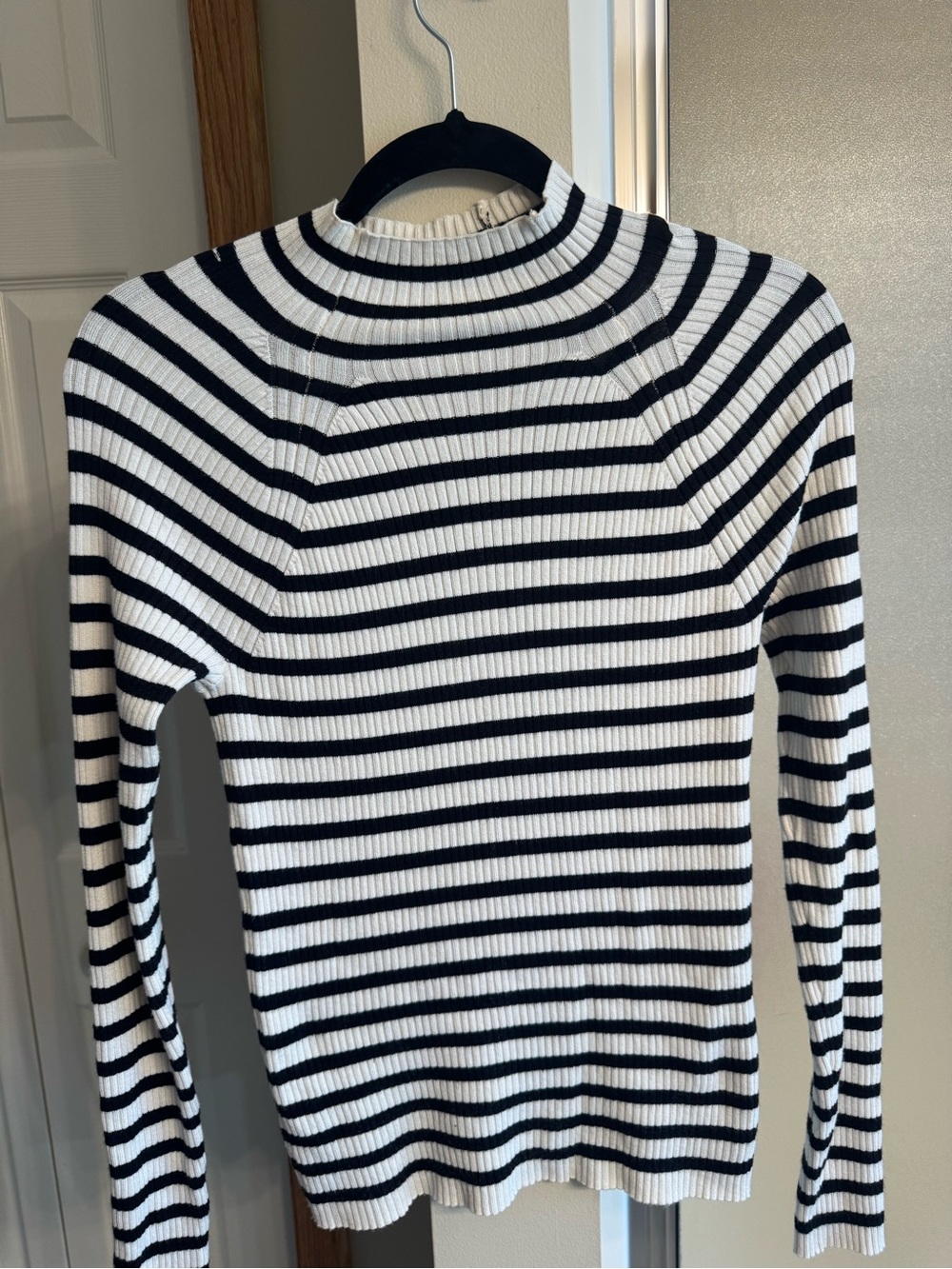 Nine West Black & White Striped Ribbed Mock Neck Long Sleeve Top